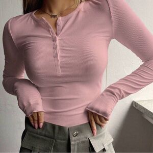 Elegant Pink Long Sleeve Ribbed Top